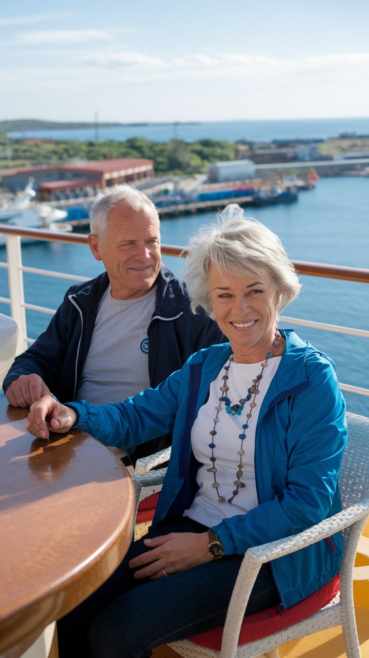 Older man and lady at the deck bar on a cruise ship on a sunny day at Cruise Port in Sardinia