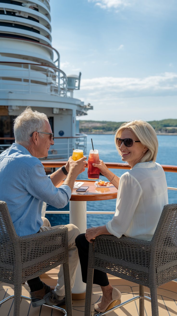 Older man and lady at the deck bar on a cruise ship on a sunny day at Korčula Cruise Ship Port