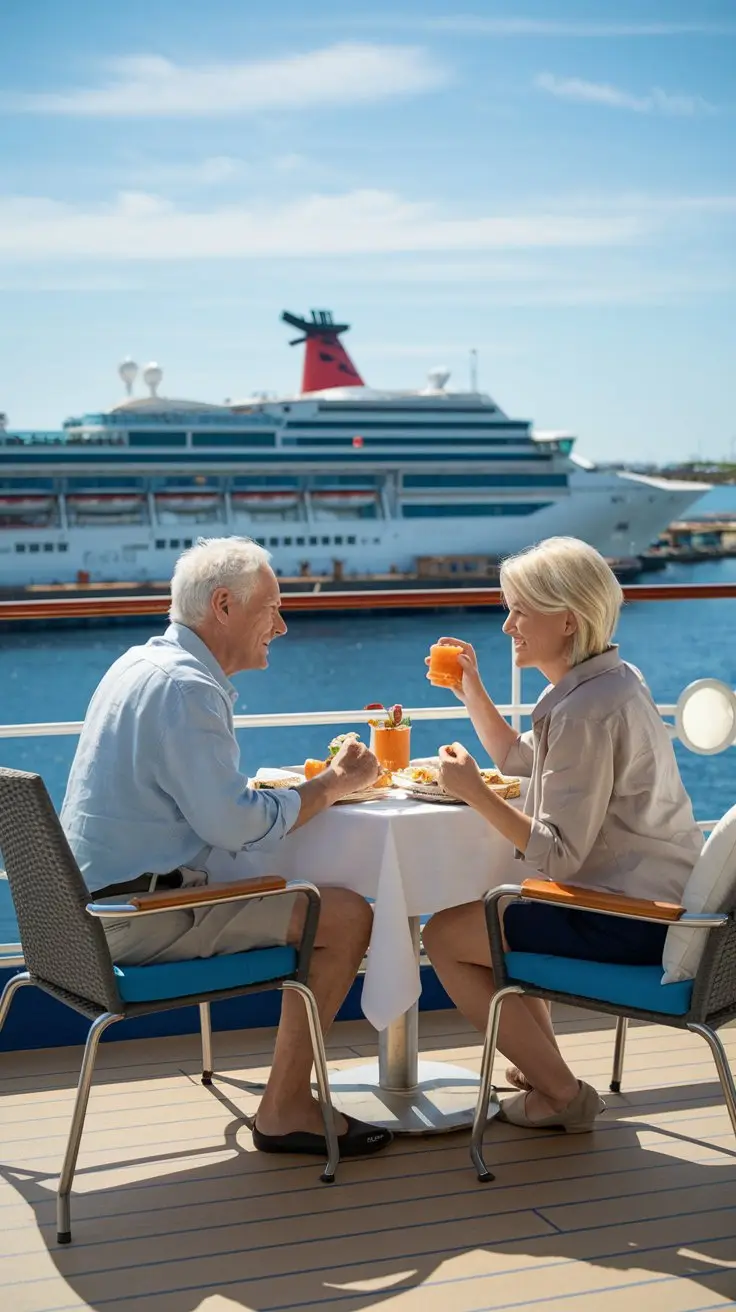 Older man and lady dressed in shorts having a casual lunch on the deck of a cruise ship on a sunny day at Antibes Cruise Ship Port