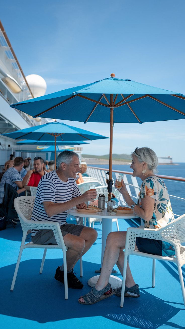 Older man and lady dressed in shorts having a casual lunch on the deck of a cruise ship on a sunny day at Bonifacio Cruise Ship Port Guide.