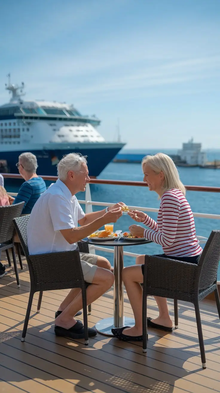 Older man and lady dressed in shorts having a casual lunch on the deck of a cruise ship on a sunny day at Messina Cruise Ship Port