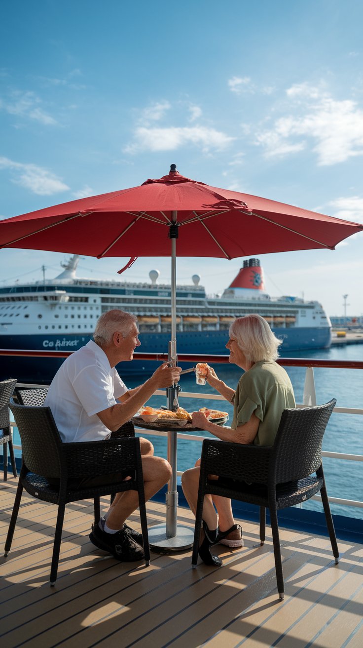 Older man and lady dressed in shorts having a casual lunch on the deck of a cruise ship on a sunny day at Propriano Cruise Ship Port.