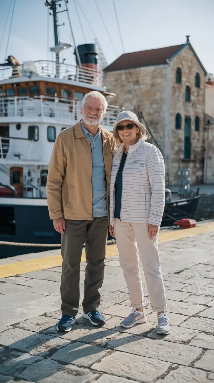 Older man and lady in walking shoes at Hvar Cruise Ship Port on a sunny day