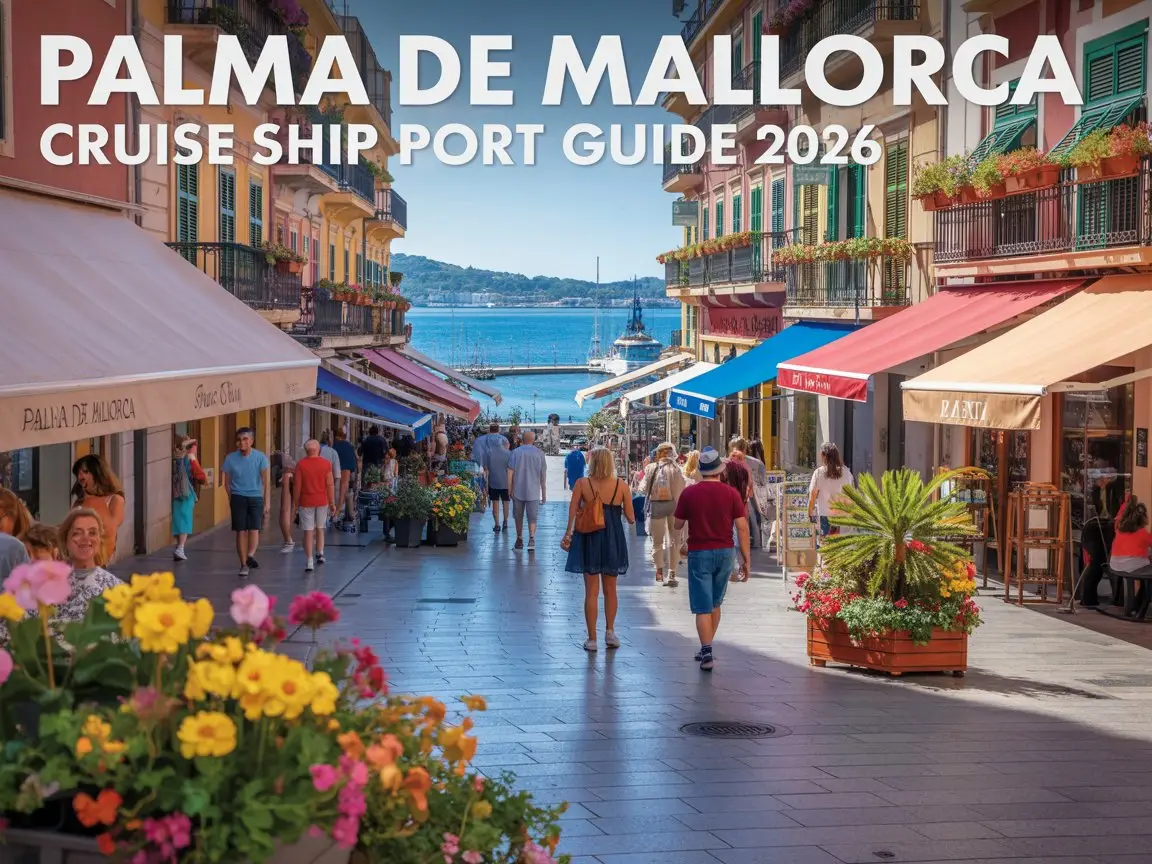 A vibrant travel poster showcasing "Palma De Mallorca Cruise Ship Port Guide 2026". The image centers on a bustling shopping street lined with colorful storefronts, awnings, and overflowing flower boxes, capturing the essence of a charming Mediterranean town. Sunlight bathes the scene, highlighting the lively atmosphere with pedestrians browsing and locals engaging in daily life. In the background, glimpses of the harbor and azure waters are visible, creating a picturesque backdrop with a clear, bright sky.