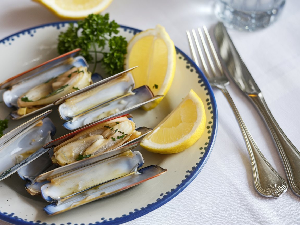 Razor clams on a plate with lemon