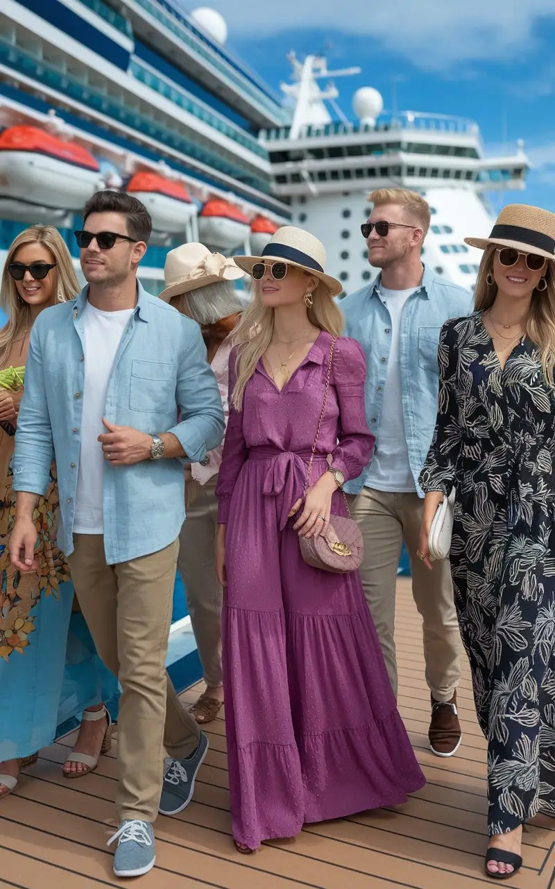 Stylish people wearing winter Caribbean cruise outfits on a cruise ship