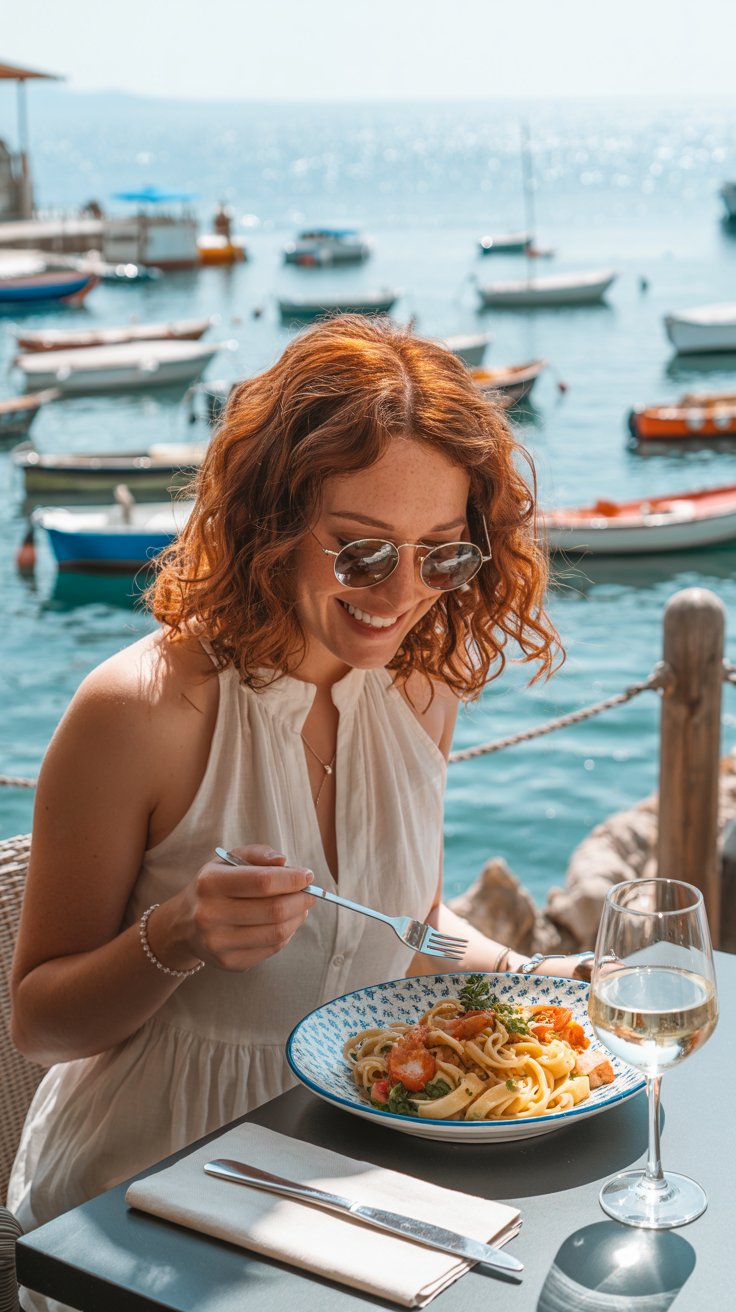 Tourist cruise passenger lady enjoying pasta at a restaurant in Portofino