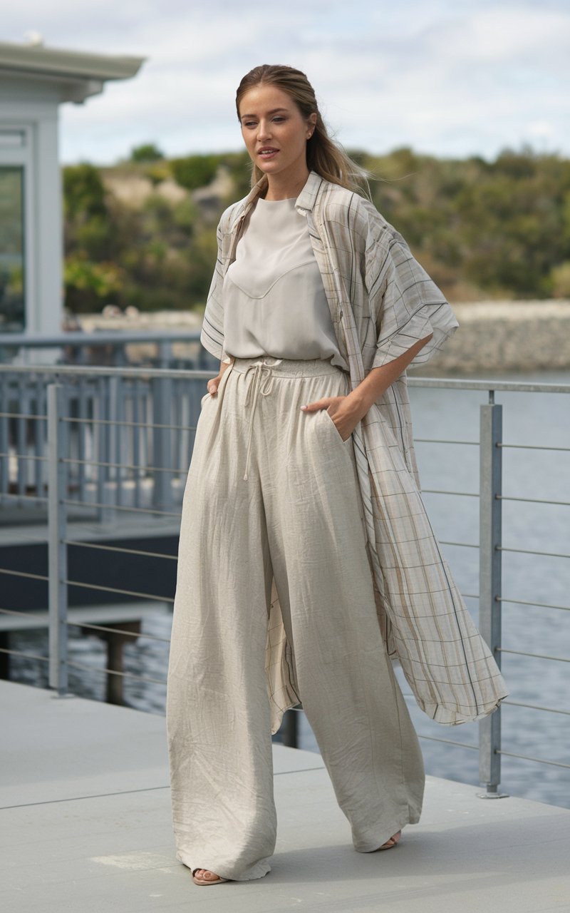 Woman wearing light weight pains and breezy top on a cruise ship