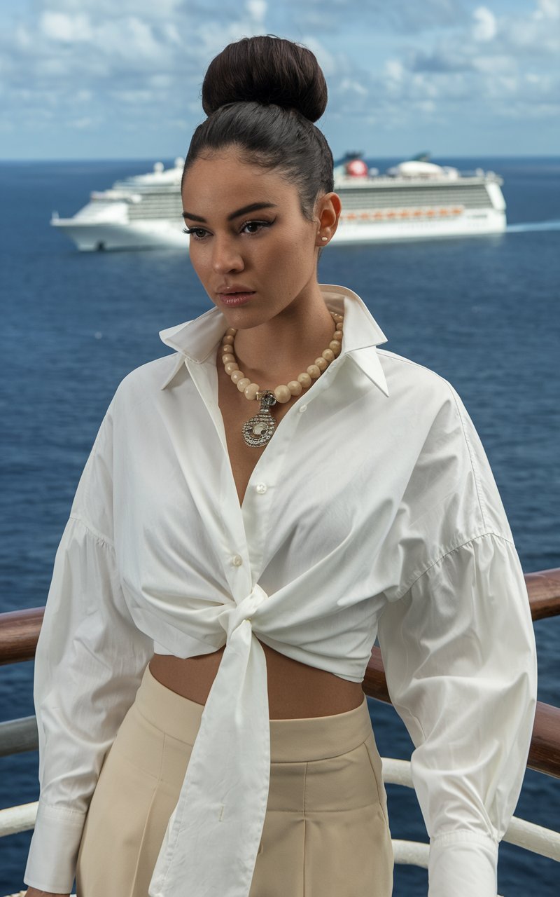 Women wearing a classic white shirt and capri outfit on a cruise ship