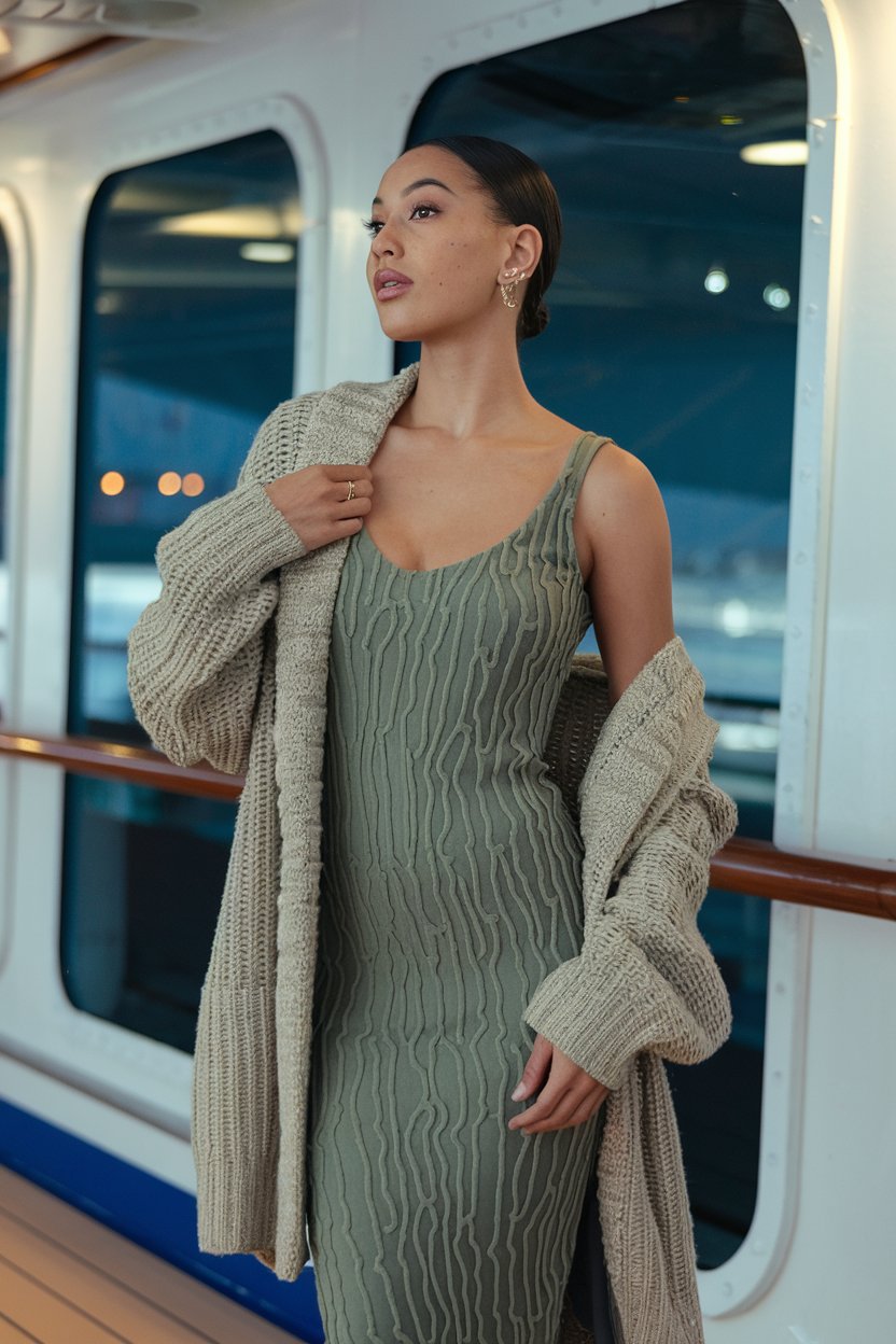 Women wearing a formal dinner winter caribbean cruise outfit with tight dress and cardigan