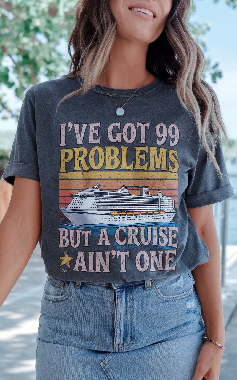 Women wearing an eye catching tee with shirt outfit on a cruise ship