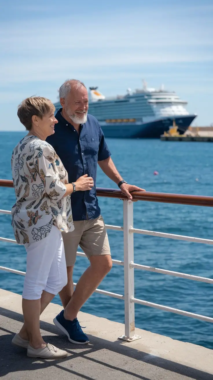 front view of older couple casually dressed in shorts in Tangier Cruise Ship Port on a sunny day with a cruise ship in the background