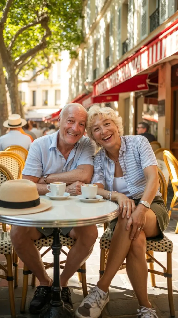 older casual two tourists smiling at the camera at a cafe in Toulon on a sunny day