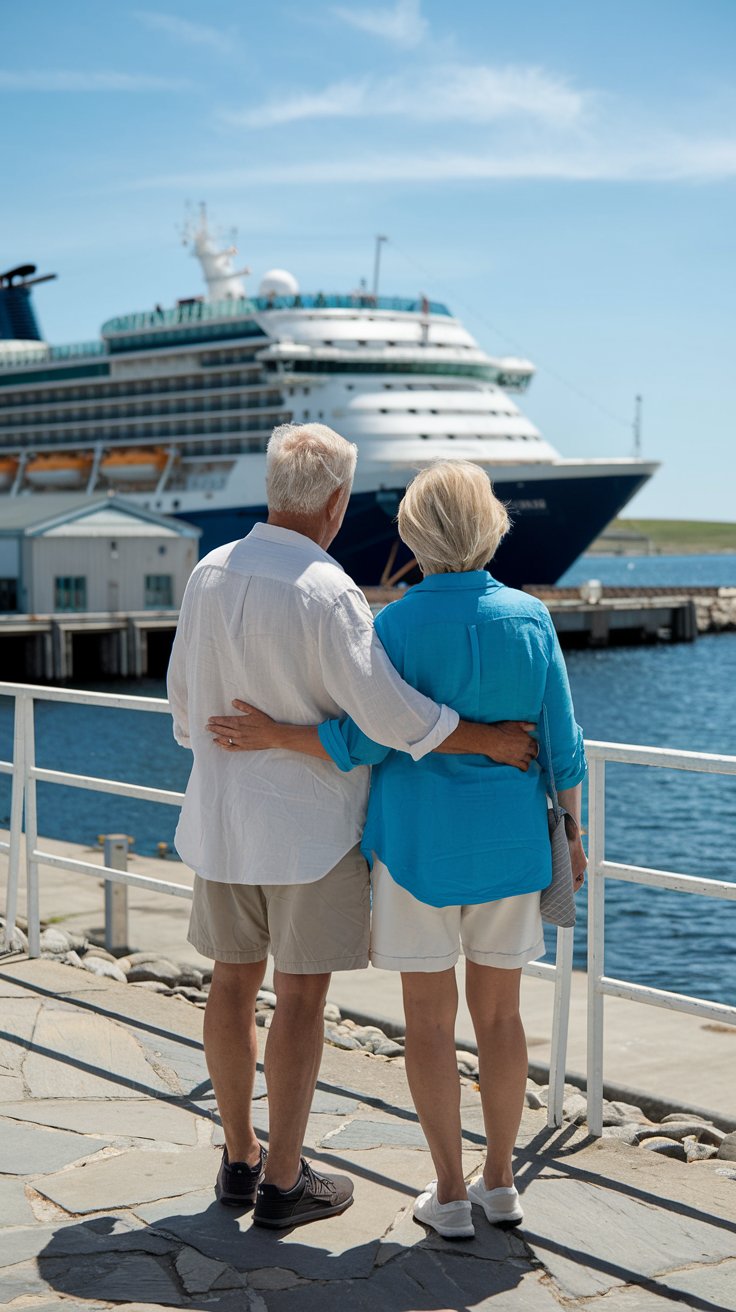 older couple casually dressed in shorts in Koper Cruise Ship Port on a sunny day with a cruise ship in the background