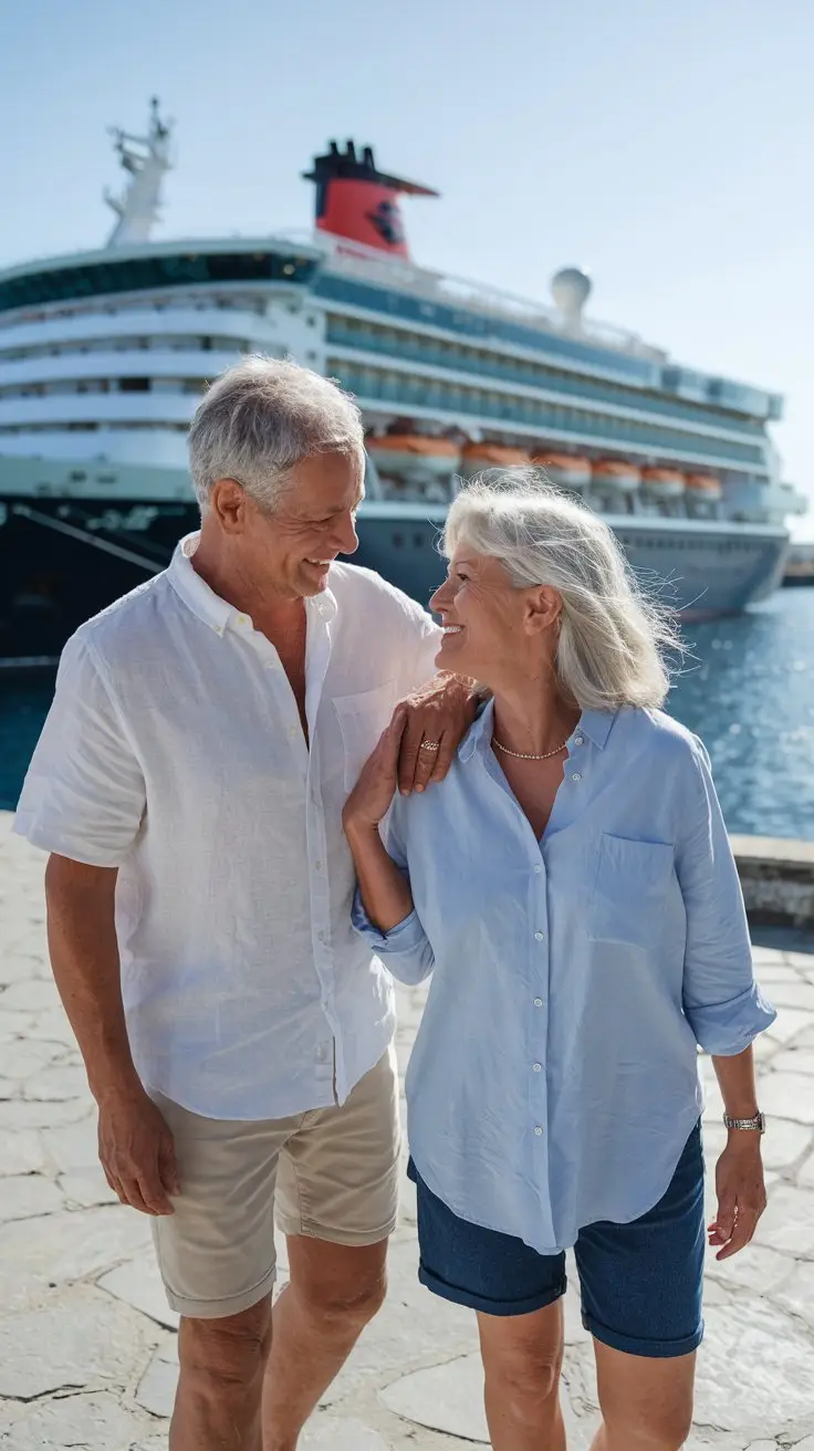 older couple casually dressed in shorts in Olbia Cruise Ship Port on a sunny day with a cruise ship in the background