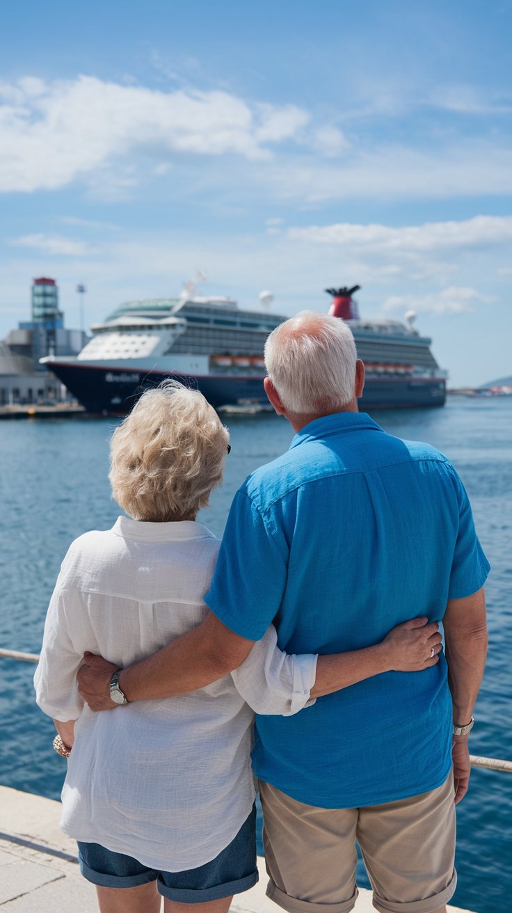 older couple casually dressed in shorts in Rijeka Cruise Ship Port on a sunny day with a cruise ship in the background