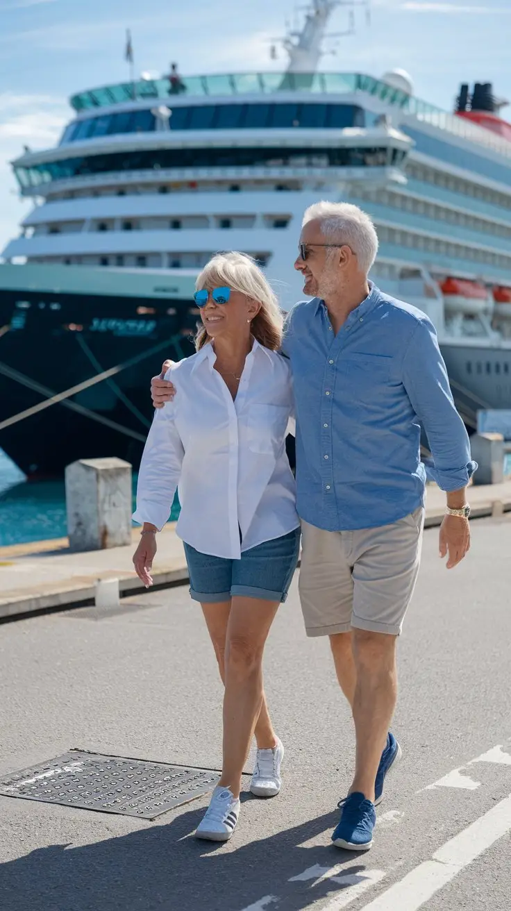 older couple casually dressed in shorts in Sanary-sur-Mer Cruise Ship Port on a sunny day with a cruise ship in the background.