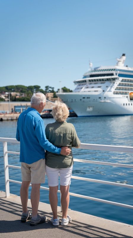 older couple casually dressed in shorts in Toulon Cruise Ship Port on a sunny day with a cruise ship in the background.