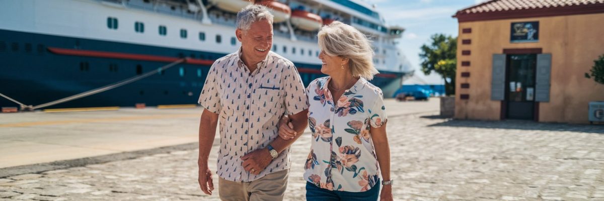 older couple casually dressed in shorts walking in Mahon (Menorca) Cruise Ship Port on a sunny day with a cruise ship in the background.