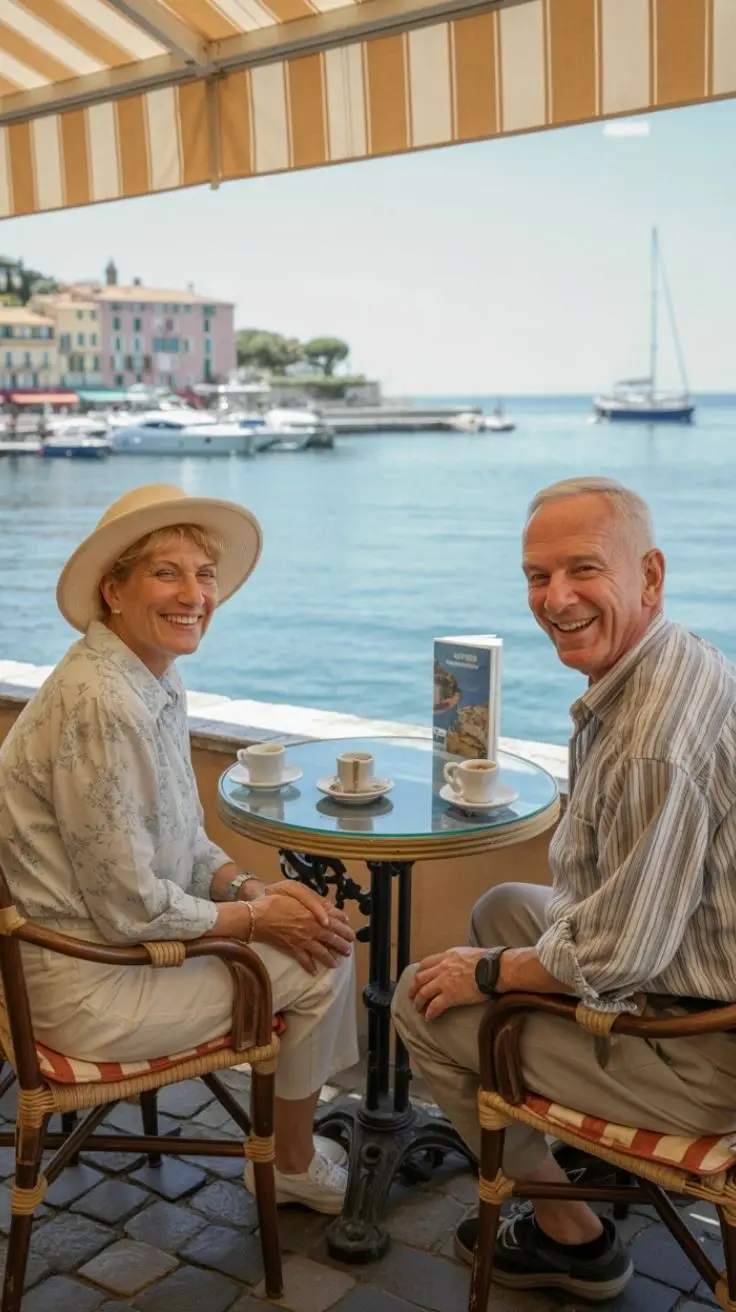 older couple of tourists smiling at the camera at a cafe in Villefranche on a sunny day