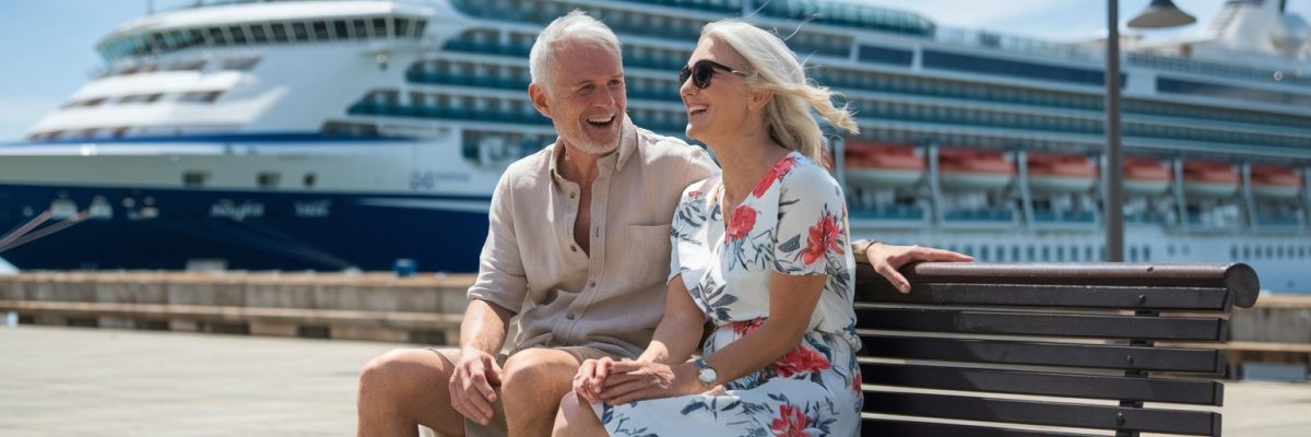 older couple sitting down, laughing, casually dressed in shorts on a sunny day at Ibiza cruise port with a cruise ship in the background