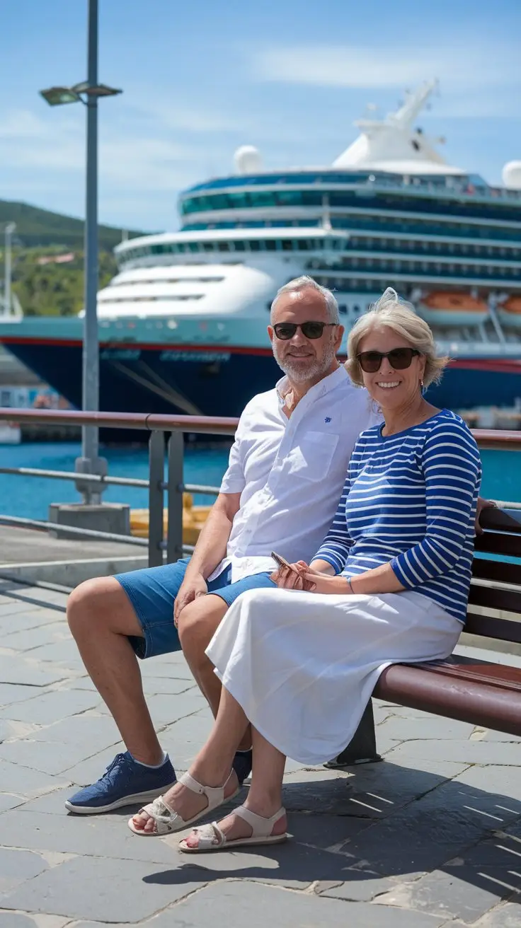 older couple sitting down, reading a map, casually dressed in shorts on a sunny day with a cruise ship in the background at Cagliari Cruise Ship Port