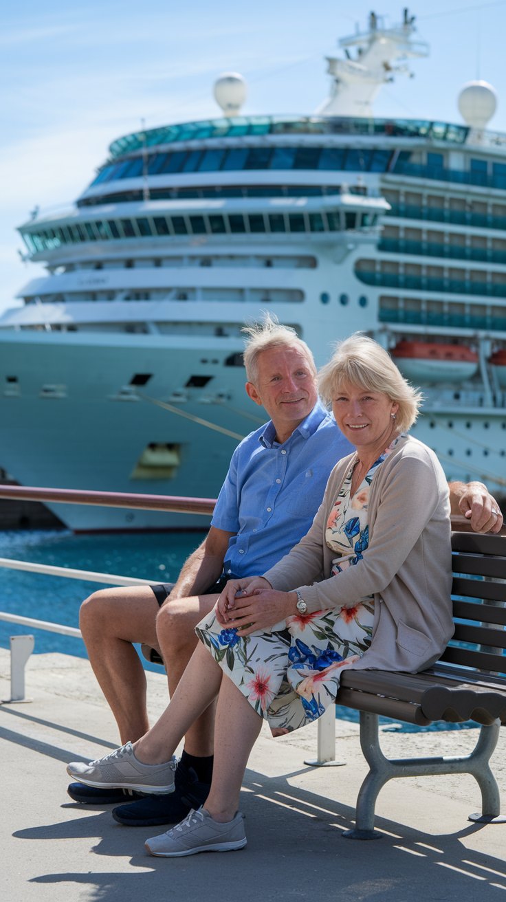 older couple sitting down, reading a map, casually dressed in shorts on a sunny day with a cruise ship in the background at Kotor Cruise Ship Port