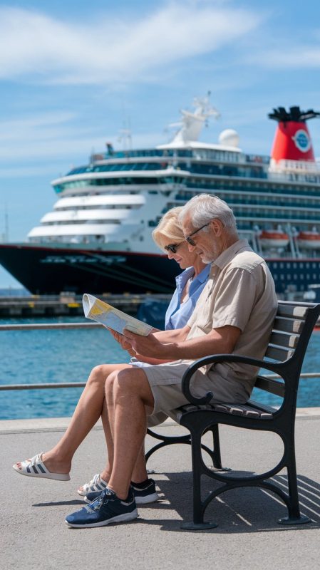 older couple sitting down, reading a map, casually dressed in shorts on a sunny day with a cruise ship in the background at Portofino Cruise Ship Port