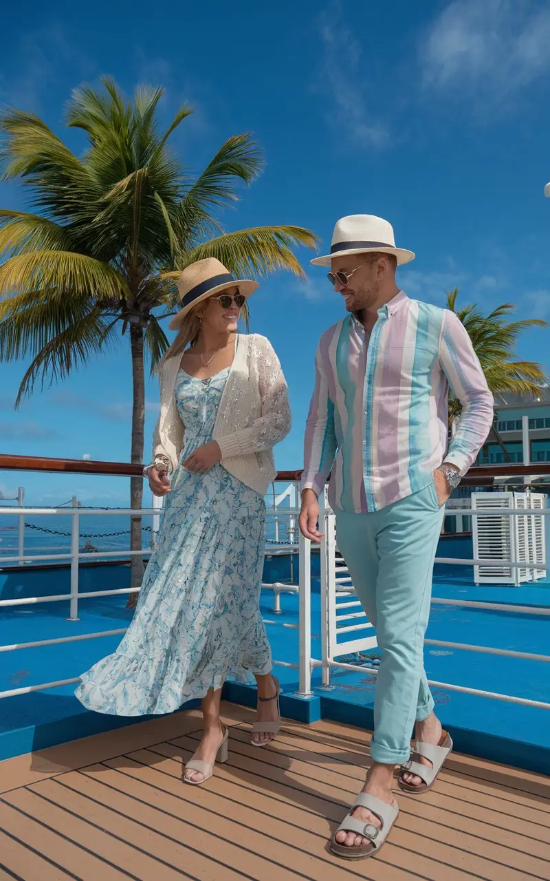 Caribbean cruise embarkation day outfit — woman in sundress on cruise ship deck