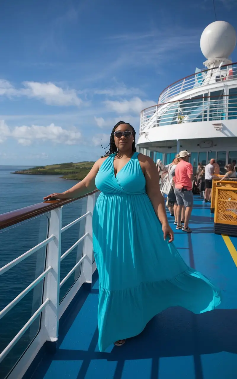 Stylish woman in a blue dress on a Caribbean cruise ship pool deck