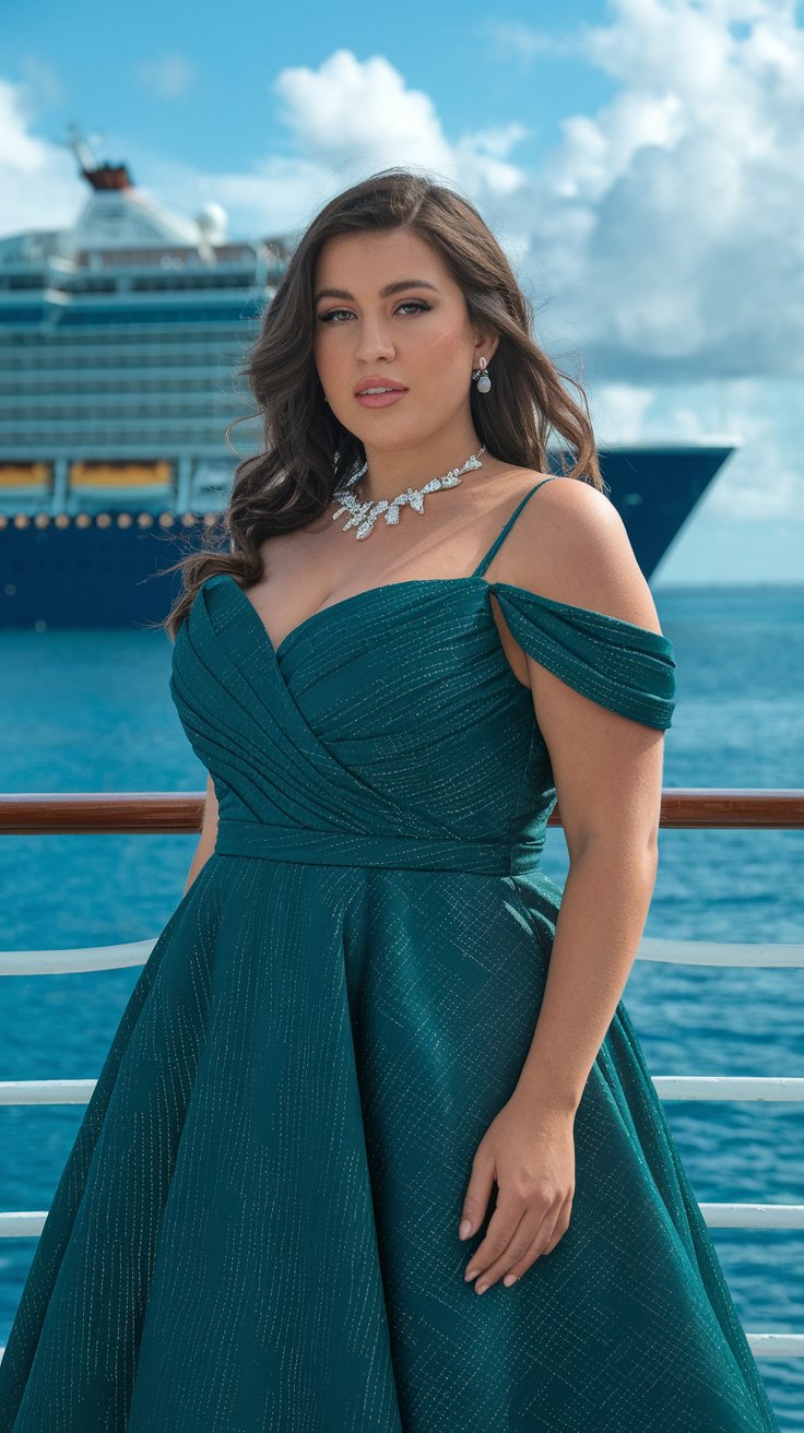 Formal night outfit ideas for plus-size women on a Caribbean cruise