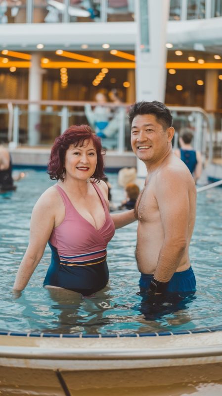 Mid aged lady and man dressed in swimwear in the swimming pool on a cruise ship. Sunny Day at Tunis (La Goulette) Cruise Ship Port