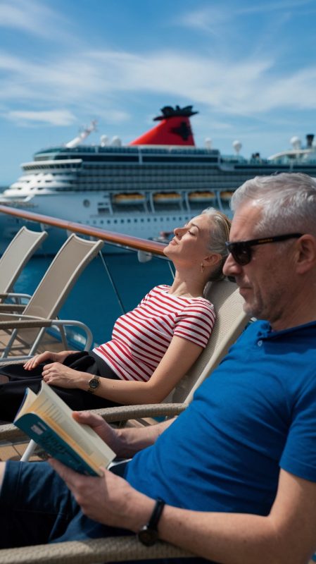 Mid aged lady and man on lounge chairs dressed in swimwear on a cruise ship in Bastia Cruise Ship Port on a Sunny Day.