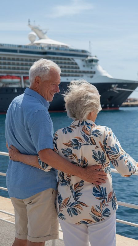 Older couple casually dressed in shorts in Ajaccio Cruise Ship Port on a sunny day with a cruise ship in the background.