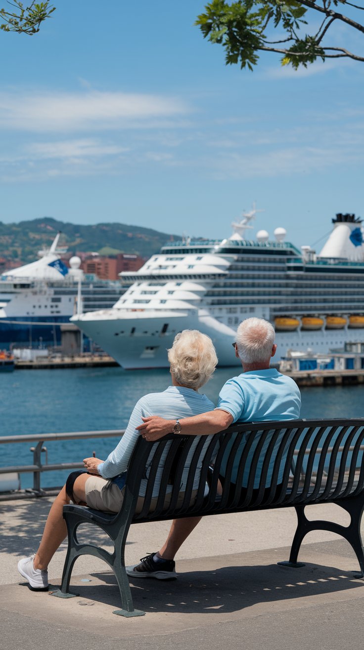 Older couple casually dressed in shorts in Savona Cruise Ship Port on a sunny day with a cruise ship in the background