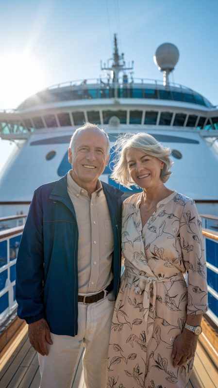 Older couple on the back of a cruise ship on a sunny day at Livorno Cruise Ship Port