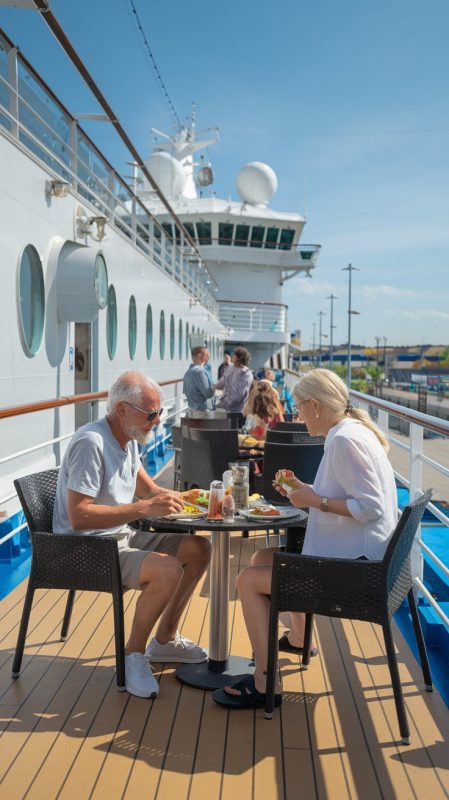 Older man and lady dressed in shorts having a casual lunch on the deck of a cruise ship on a sunny day at Brindisi Cruise Ship Port