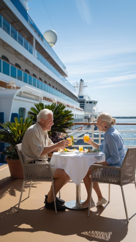 Older man and lady dressed in shorts having a casual lunch on the deck of a cruise ship on a sunny day at Naples Cruise Ship Port.