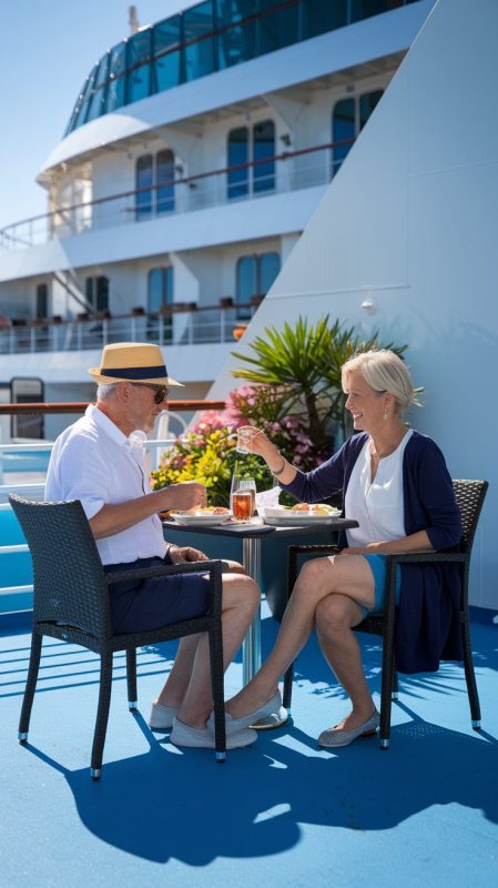 Older man and lady dressed in shorts having a casual lunch on the deck of a cruise ship on a sunny day at Villefranche-sur-Mer Cruise Ship Port.