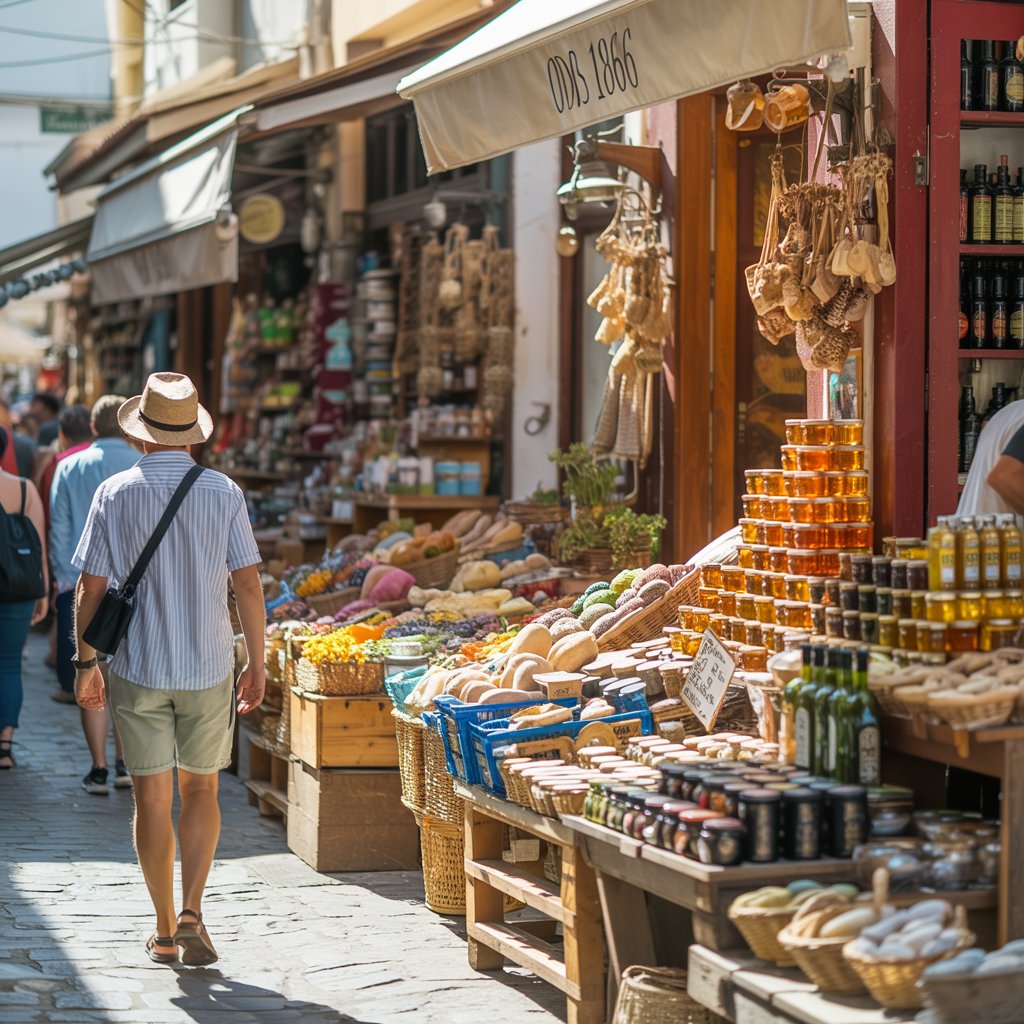 A photograph captures a bustling scene on the narrow, cobblestone streets of "Odos 1866", a traditional Cretan market. A casually dressed tourist with a straw hat and camera is captured mid-stride, observing a vibrant display of colorful produce, dried herbs, and pottery overflowing from wooden stalls. Sunlight bathes the scene, highlighting the rich textures of the goods and casting long shadows between the buildings, with stacks of golden honey jars and green olive oil bottles prominently displayed. The overall ambiance is lively and authentic, suggesting a warm, bright day in a traditional Greek town.