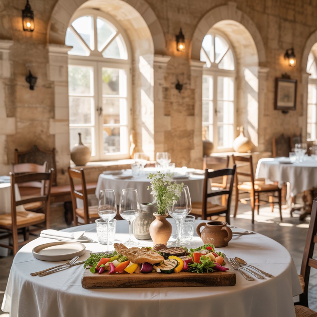 A photograph inside a beautifully restored stone mansion in central Heraklion, showcasing a charming restaurant setting. A single elegantly set table sits in the foreground, displaying a vibrant array of farm-to-table Cretan cuisine with colorful vegetables, grilled meats, and crusty bread. Sunlight streams through tall arched windows, illuminating the textured stone walls and antique wooden chairs, creating a warm and inviting atmosphere. The room's decor includes rustic pottery, woven textiles, and subtle floral arrangements, all bathed in the bright glow of a sunny day.