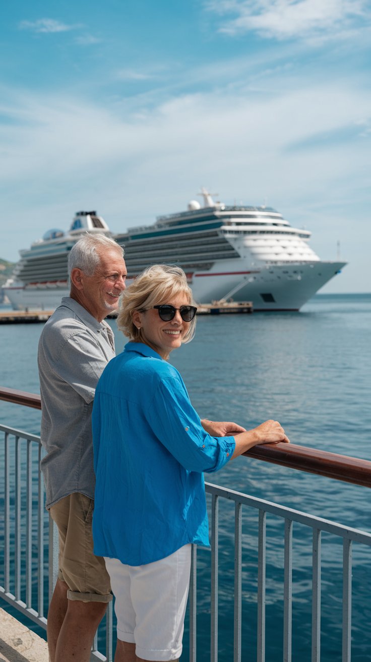 older couple casually dressed in shorts in Trieste Cruise Ship Port on a sunny day with a cruise ship in the background