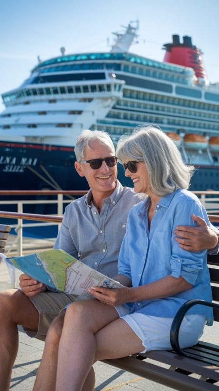 older couple sitting down, reading a map, casually dressed in shorts on a sunny day with a cruise ship in the background at Ravenna Cruise Ship Port Guide