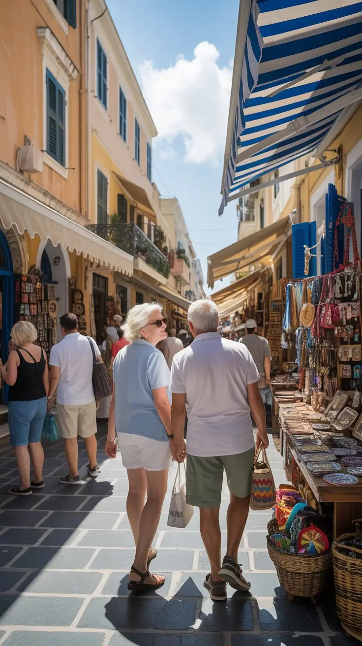 2 older tourists in busy Cofu town shops. Bright sunny day