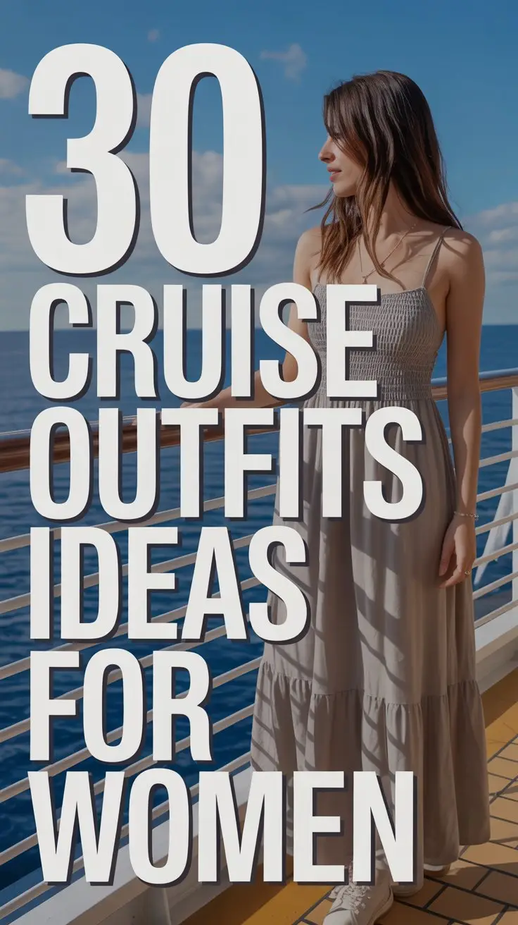 Very Big text overlay aligned left: "30 Cruise Outfits Ideas for Women". Big modern white text. No other text. Close up of Casual Woman in maxi summer dress on a cruise ship. Bright sunny day.