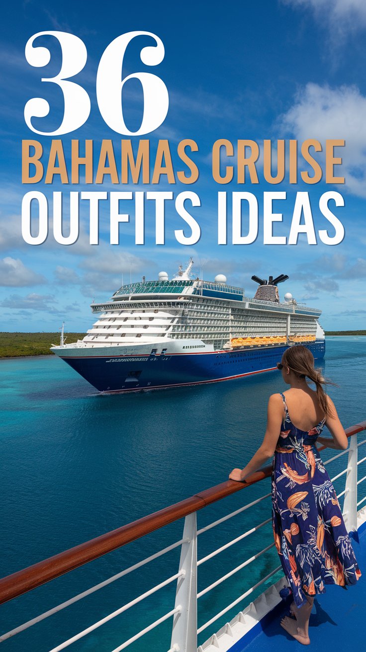 A photo of a lady wearing a summer dress on a cruise ship. The background contains the very big text overlay: "36 Bahamas Cruise Outfits Ideas". The cruise ship has a blue hue and is sailing through the turquoise waters. The sky is clear with a few clouds. The water is calm. The lady is standing near the railing, looking out at the view.