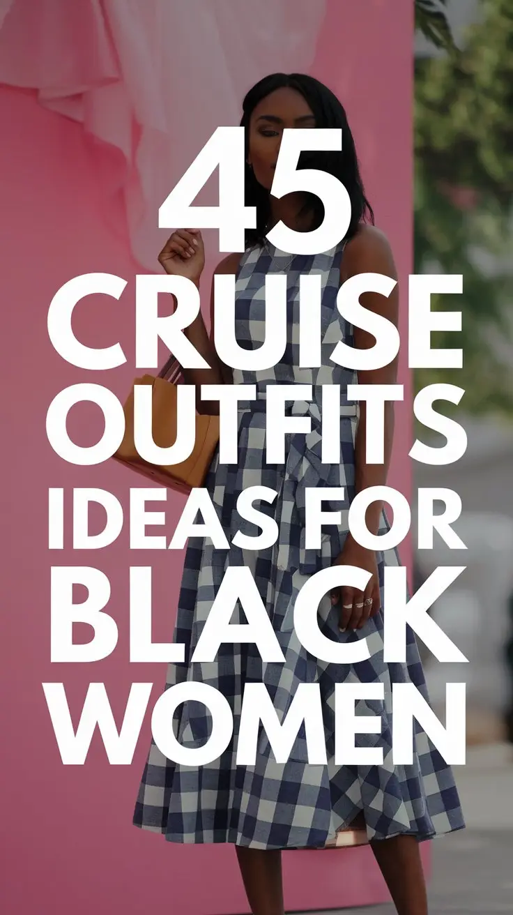 A photo of a black woman wearing a dress. She is standing in front of a pink background. There is a large text overlay that says "45 Cruise Outfits Ideas for Black Women". The background is blurred.