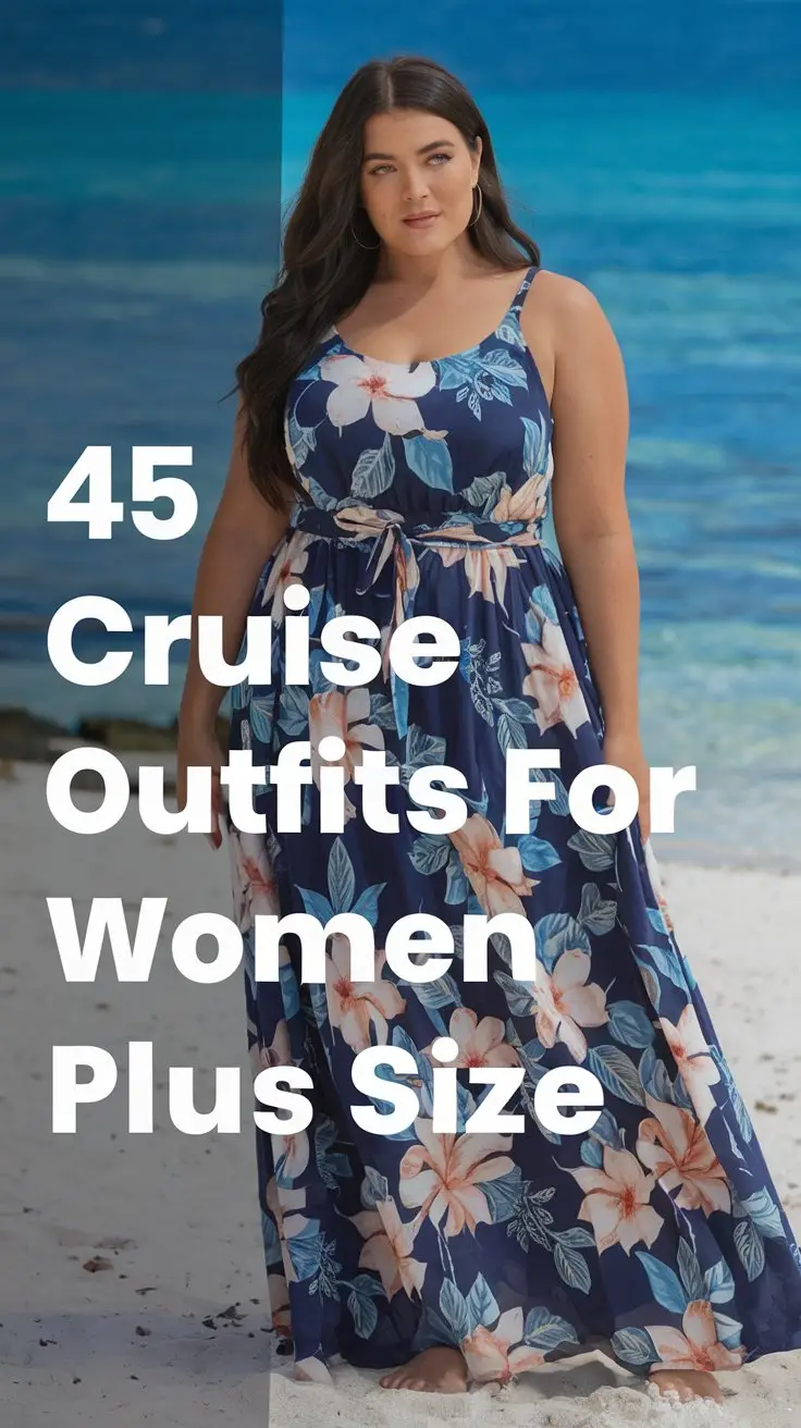 A photo of a plus-size woman wearing a maxi dress with a floral pattern. She has long, dark hair and is standing on a beach. The background contains blue waters and white sands. The image has a large text overlay that says "45 Cruise Outfits for Women Plus Size".