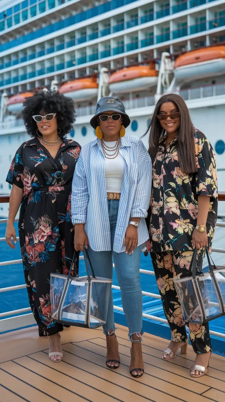 A photo of three different sized young plus size Black women each wearing one of these cruise outfits on the deck of a cruise ship. The outfits are a combination of floral print dresses, oversized shirts, and high-waisted pants. The women are accessorizing with bamboo earrings, layered necklaces, a designer bucket hat, and anklets. They are also carrying a clear tote with metallic details and wearing cat-eye sunglasses.