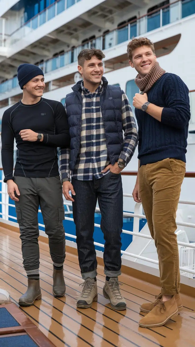 A photo of three young men of different heights. The man on the left is wearing a black thermal long-sleeve, slim-fit cargo pants, and waterproof boots. He is also wearing a beanie and wool socks. The man in the middle is wearing a flannel button-up, a puffer vest, dark-wash jeans, and hiking boots. The man on the right is wearing a navy fisherman sweater, corduroy trousers, suede chukka boots, and a minimalist watch. He is also wearing a scarf. They are all standing on the deck of a cruise ship.